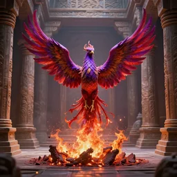 single centered purple red phoenix rising up from the ashes in the middle of an ancient temple, high detail, digital art, unreal engine