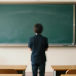 a 2 8 mm macro photo from the back of a teacher standing in front of a blank chalkboard, symmetrical, bokeh, canon 5 0 mm, cinematic lighting, film, photography, depth of field, award - winning, bokeh