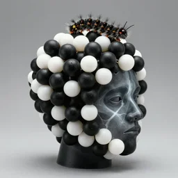 realistic object photo of head made of black and white ping pong balls, hairy fluffy caterpillars, readymade, dadaism, fluxus, man ray, x - ray, electronic microscope 1 9 9 0, life magazine photo