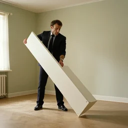 Emmanuel Macron moving Ikea furniture in his empty room, in American Psycho (1999)