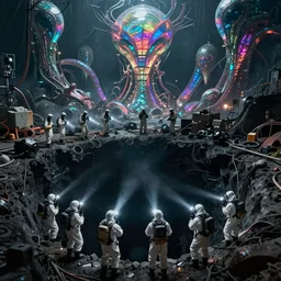 People in hazmat suits exploring the deepest parts of a dark pit using flashlights. Gigantic iridescent alien structures can be seen in the distance. Establishing shot, cinematic. 4k ultra hd, film