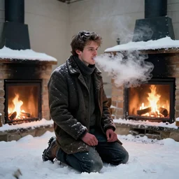 man in winter clothes kneeling in the snow. Smoke pouring from his mouth. Smoke pouring from the unlit fireplace. He will die. Craig Mullins. Portrait. featured on artstation
