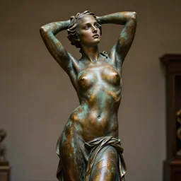 detailed photo of an old bronze patina statue nathalie portman, full body portrait, various seducing lacivious pose, photorealism, intricate detail, museum diffuse lighting