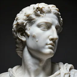 a man made by marble with face disintegrating and melting. by wlop. dramatic lighting, sharp, highly detailed, octane render, cinematic