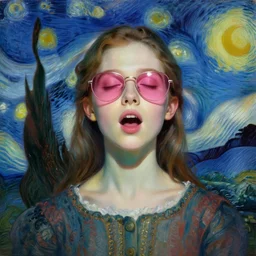portrait of a beautiful girl, eyes closed, open mouth, shades of pink, beautiful face, rule of thirds, intricate outfit, spotlight, by greg rutkowski, by jeremy mann, by francoise nielly, by van gogh, digital painting