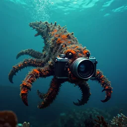 underwater sea monster, dark, fuzzy, 35mm camera, teal and orange, horror