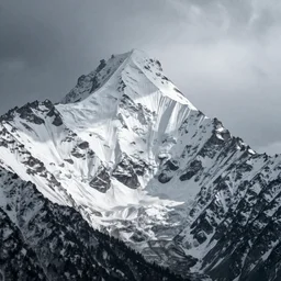 a massive snow capped mountain that is larger than the picture frame. overcast sky, snowing.