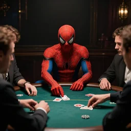 spiderman playing poker in a dark room with dark personalities, realistic light, soft light, focus, depth of field, photorealism, 8 k quality, high quality, realistic style, old painting, classic era painting
