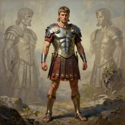handmade full body character portrait of a roman legion in a thematic landscape in the style of artgerm and enki bilal and bastien lecouffe - deharme, wlop, line art, oil on canvas, full body anatomically correct, dynamic pose, cinematic lighting, hyperdetailed, 8 k realistic, symmetrical, global illumination, frostbite 3 engine, cryengine, dof, trending on artstation, digital art, channel