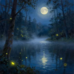 lake, forest, night, fog, trees, glowing fireflies, moonshine, volumetric lighting, canvas, oil paint