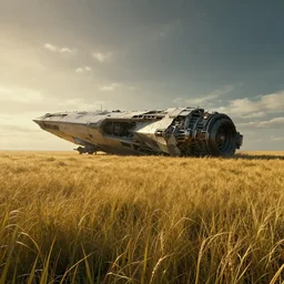 neil blomkamp film landscape, hyper realistic, cinematic, perfect composition, golden ratio, extreamly detailed, detailed grass, detailed crash space ship, detailed sky, physical correct lgiht and shadow, photorealistic, photo