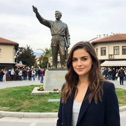 Actress Eliza Dushku gets her picture taken in front of the waving George w. Bush statue in Fushë Kruje's main square during a trip to Albania, photographed in the style of National Geographic