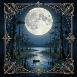 fantasy book cover, full moon, fantasy bayou landscape, iridescent elements, fantasy magic, no human, dark light night, intricate, elegant, sharp focus, illustration, highly detailed, digital painting, concept art, matte, art by WLOP and Artgerm and Greg Rutkowski and Albert Bierstadt, masterpiece
