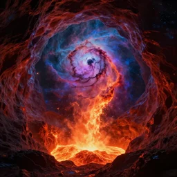 lava flowing through a shimmering cavern into the depths of a colorful space nebulae being distorted by dark matter, realistic 3d render