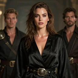 epic masterpiece beautiful young demi moore, dressed in a black satin robe and metal belt, sweaty skin, hyperrealistic, octane render, cinematic, beautiful face and flawless skin, by edgar maxence and ross tran and michael whelan, legends of runeterra