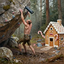 painting of clustered filth, everywhere, armless man in lederhosen, bouldering balding head, large pump not on for hood, knee - deep in mud in black forest, gingerbread house fanged nearby, angry, candycane arms attached at collabones. by vincente b ballestar, by francesco blanc, & by jack gaughan high resolution, hyper detailed, cinematic