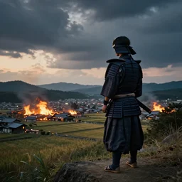 A samurai standing on a Hill gazing at japanese Fields, village in the distance on fire, dramatic sky, cinematic shot, cinematic angle, highly detailed art, 8k