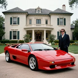 red lamborghini diablo in front of an 8 0's mansion and al pacino in front of it very elegant and very realistic