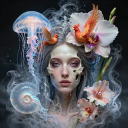 head shot intricate portrait of the face of a beautiful princess mixed with skull and jellyfish and phoenix bird and giant orchid flower and giant gladiola and surrounded by smoke and water energy flow. translucent nautilus, highly detailed. octane render, excellent composition, by greg rutkowski