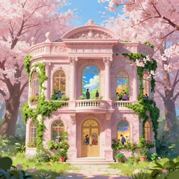 green weed grow house, rococo style, greek architecture, pink marble building, sakura trees, sakura season dynamic lighting, landscape, artwork by jeremy lipkin and giuseppe dangelico pino and michael garmash and rob rey and greg manchess and huang guangjian and makoto shinkai, pixiv, 1 0 0 mm