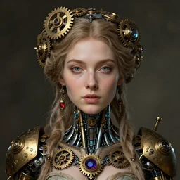 A head and shoulders masterpiece portrait of a steampunk beautiful goddess, she half human and half robot, she is embellished with few gears wheels and gemstones, by William Holman Hunt, Greg Rutkowski, Stanely Artgerm, Tooth Wu, Peter Gric, Aaron Horkey, trending on Artstation, digital art, mythological, symmetrical artwork, cinematic lighting, hyper realism, high detail, octane render, ultra realistic, golden ratio, 4k, 8k