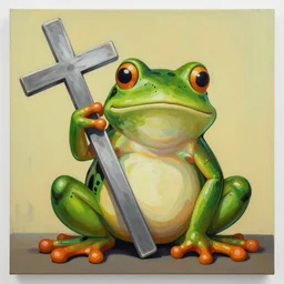 A giant frog holding a cross, acrylic.