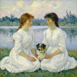 two beautiful girls wearing white dresses beautiful faces a dog john martin landscape lake morning vincent van gogh colors