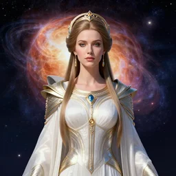 portrait of the powerful empress of the solar system in the style of anna dittmann and in the style of bill sienkiewicz. glowing, ornate and intricate linework, stunning, dynamic lighting, ultrafine and hyperdetailed.