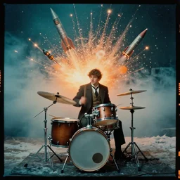 kodak portra 4 0 0, wetplate, muted colours, teal orange, drum set, 1 9 1 0 s style, motion blur, portrait photo of a backdrop, explosions, rockets, bombs, sparkling, stargazer, snow, fog, steampunk, by georges melies and by britt marling