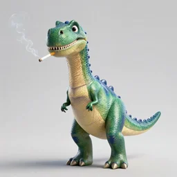a pixar dinosaur standing on two legs sucking on a cigarette hdr professional shot, full body
