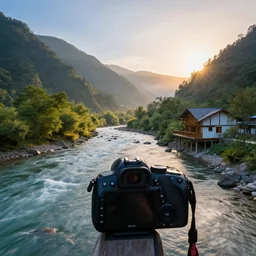 DSLR still of a beautiful mountainside river with a pier and a duplex at sunrise, 4k