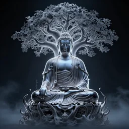 the buddha, the bodhi tree : 6 character design : 2 midnight, illusion, stunning, breathtaking, majestic, asian fantasy, digital render, line art, unreal engine, de - noise, 8 k, volumetric lighting, symmetrical, pronounced features, detailed contrast, scattered mist, glow 3 d alejandro alvarez alena aenami