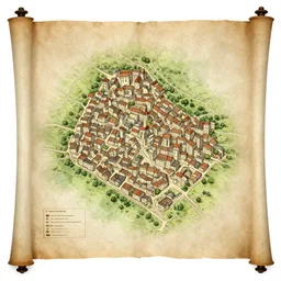 ink-painted map of a medieval town, drawn on a scroll -6
