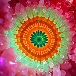 electron microscope enlargement of a chilopoda section, surrounded by acicular crystals, complementary colors, refracted kodachromatic internal lighting, god rays