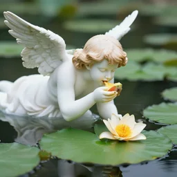 an angel eating fruit on a lily pad