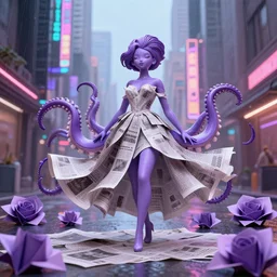 beautiful violet ceramic anthropomorphic purple octopus woman wearing a flowing paper dress and posing, rainy downtown city made out of newspaper and neon lights, large paper origami, many origami roses, city background, heavenly light, 3 d, very detailed, octane render, trending artstation, artgem