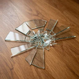 shattered pieces of glass resting on a polished wooden floor