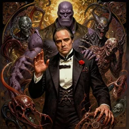 the platonic ideal of the godfather of cletus kasady ultimate carnage thanos dementor doctor manhattan chtulu nazgul, detailed, intricate, hyperrealism, intense, scary, decay, dmt, art by brock hofer and artgerm and greg rutkowski and alphonse mucha