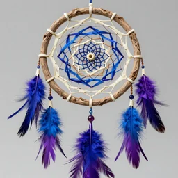 a beautiful and intricate dreamcatcher made from bone and gnarled wood and blue and purple feathers, twisting, twirling, loops, hexagonal shapes, concept art, highly detailed, realistic, ornate, fine detail, 4k, octane render, vray, unreal engine