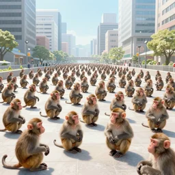 a horde of monkeys attacking a city in Japan by Ashley Wood, 3 point perspective, rule of thirds