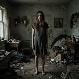 a thin woman with adhd - ip stands in her messy house. folk horror. detailed.