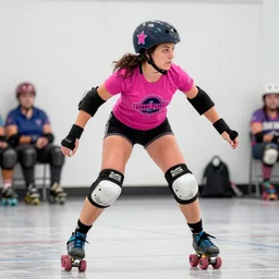 Lori Petty as roller derby girl portrait, logo, wearing skating helmet, wearing knee and elbow pads, dynamic pose, Philippe Caza, 3 colour print