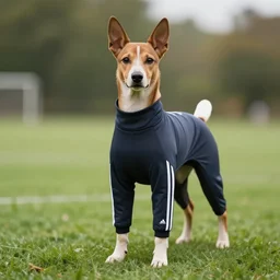 a standing dog in an adidas full body suit, digital art