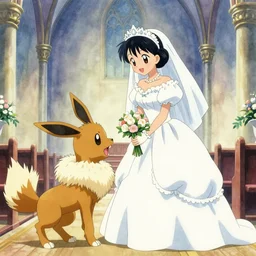 jester getting married to my Gardevoir anime waifu, anime beautiful scene in a church, high quality upload, watercolour painted background, wedding, highly rated anime animation