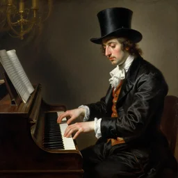 a realistic baroque painting of a magician playing piano, realistic and detailled, surrealism.