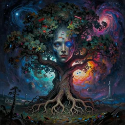 an enigmatic and terrifying painting of a cyberpunk portrait by marc simonetti, greg rutkowski, ferdinand knab, colour, hyper detail, 8 k, one giant oak, universe, nebula, burst of colour, imaginary, roots, concept art, out of this world, depth, incredible depth