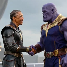 a still film of avengers infinity war, obama shaking hands with thanos, 8K, HD
