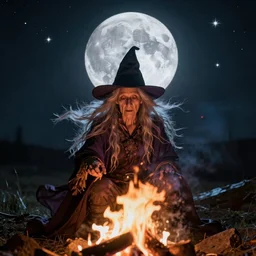 old witch with long hair under a full moon and stars, in front of a fire, hyperrealistic, dynamic lighting, sharp color, night sky, photorealistic