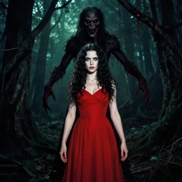 albert bierstadt, full body, pretty alyson hannigan, evil dead demon, evil dead movie, red dress, symmetrical eyes, symmetrical face, long curly black hair, trees, forest, branches, cinematic lighting, evil dead creature, scary, blood