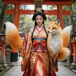 photorealistic full - color fantasy illustration a beautiful japanese kitsune goddess who is partially transforming into an anthropomorphic fox, in an inari shinto shrine in kyoto. highly - detailed professional art.